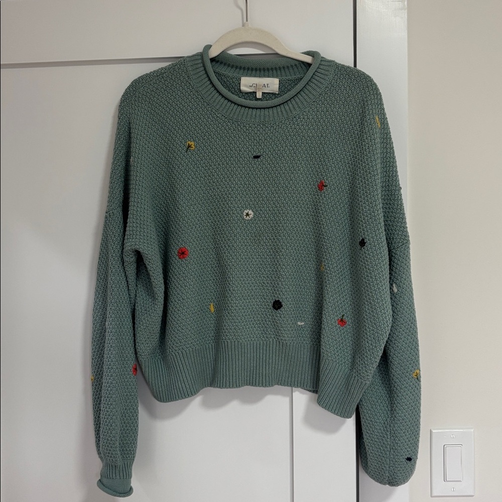 THE GREAT. Blue Sweater with Embroidered Accents